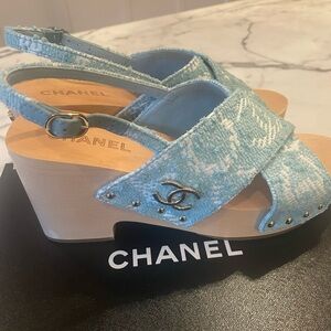 CHANEL Sky Blue Tweed Slingback Sandals/Wedges